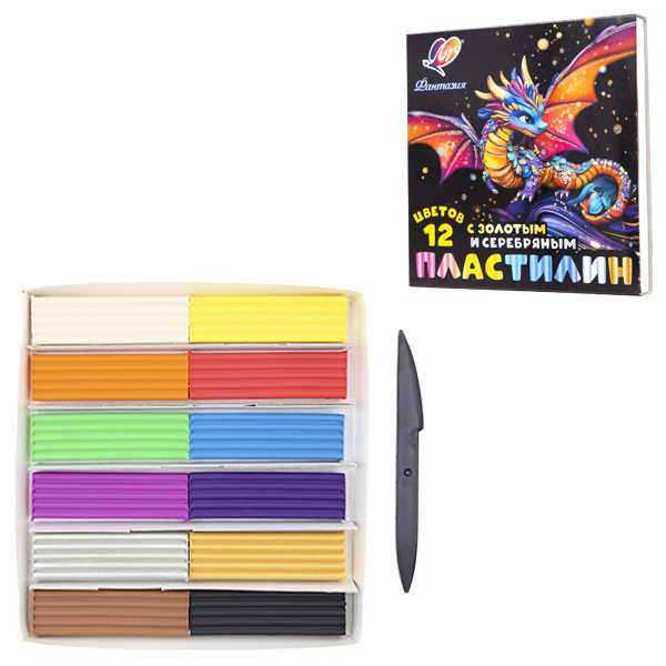 картинка Пластилин " Луч " Фантазия 12цв 230г со стеком, с золотом и серебром, картонная упаковка