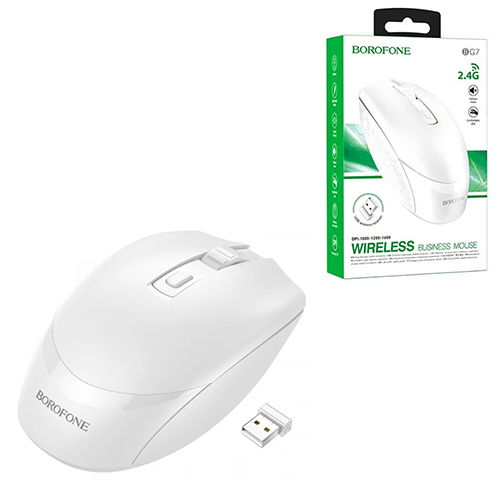 картинка Мышь " Borofone " BG7 беспроводная оптическая, 4 кнопки, белая, 1600 DPI, USB (батарейки в комплект не входят)