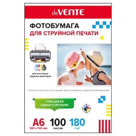 картинка Фотобумага " deVente " A6 180г/м2 100л глянцевая, односторонняя, пластиковый пакет, европодвес