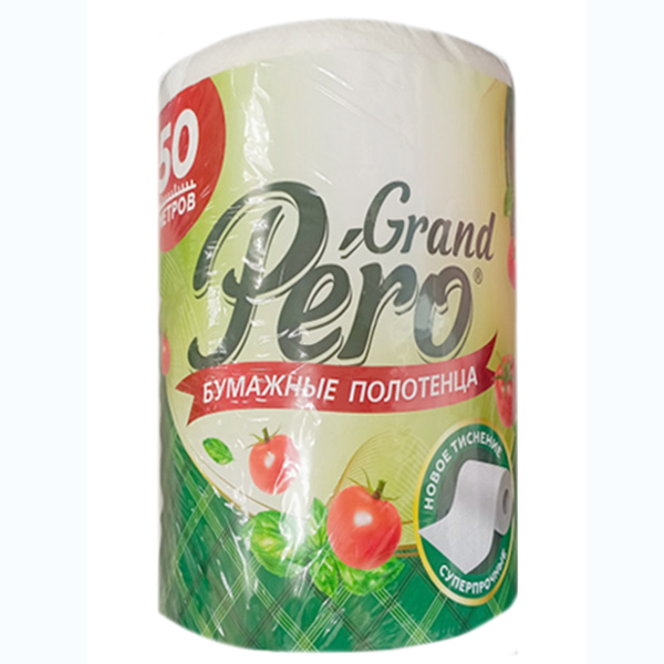 картинка Полотенца бумажные 2-слойные " GrandPero " белые со втулкой, 250л, 50м, 100% целлюлоза, 20*20см, с перфорацией, h=20см