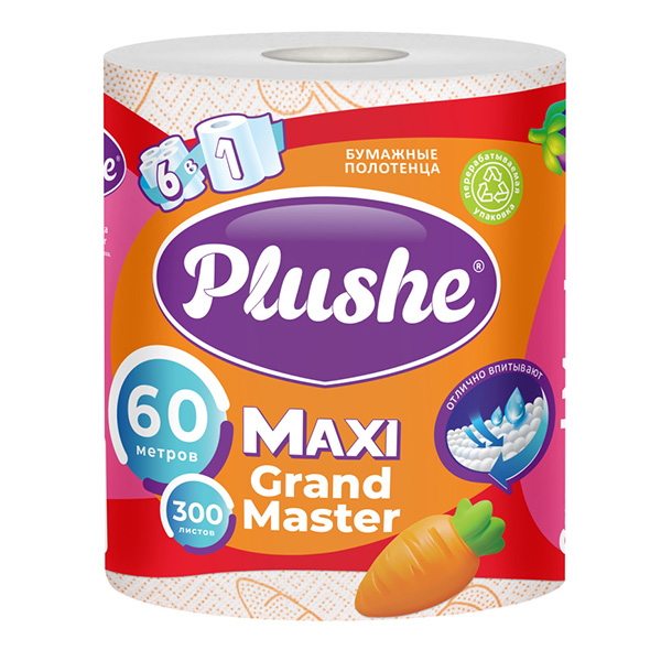 картинка Полотенца бумажные 2-слойные " Plushe " Maxi Grand Master 1 рулон со втулкой, 300л, 60м, белые, 100% целлюлоза, 20*22см, с перфорацией, h=22см, d=15см