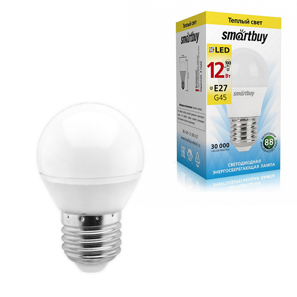 картинка Лампа светодиодная " Smartbay " G45, 12Вт Е27, теплый белый, шар, картонная упаковка