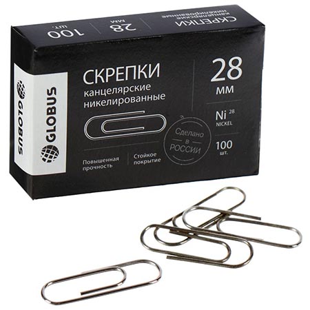 картинка Скрепки " Глобус " 28мм никелированные 100шт, картонная упаковка