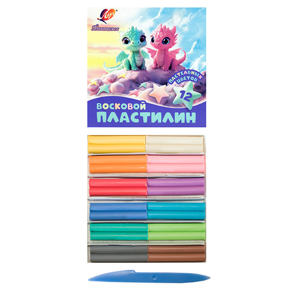 картинка Пластилин " Луч " Фантазия 12цв 180г, пастельные цвета, восковой, мягкий, со стеком, картонная упаковка