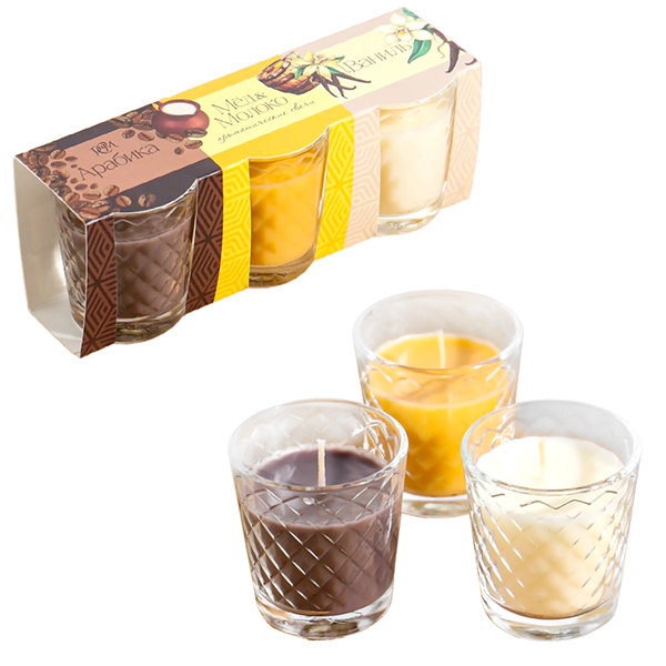 картинка Набор ароматизированных свечей в стакане " РСМ " Арабика, молоко-мед, ваниль, 55*40мм, время горения 10часов, 3шт, в картонной упаковке