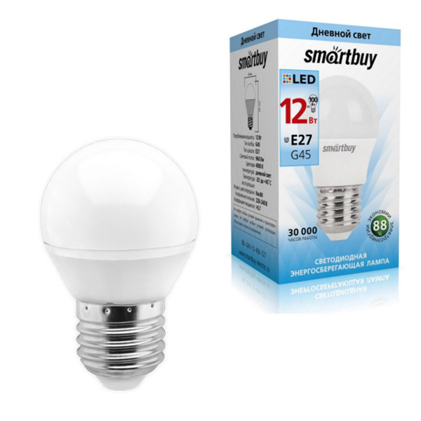 картинка Лампа светодиодная " Smartbay " G45, 12Вт Е27, дневной белый, шар, картонная упаковка