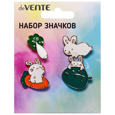 картинка Набор значков " deVente " Bunny (кролик с листом 2,7*2,5см, кролик с морковкой 2,4*2,7см, капуста 1,3*2,4см, кролик 2,5*2см), эмалированные, пластиковый пакет с европодвесом
