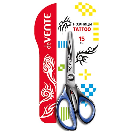 картинка Ножницы " deVente " Tattoo 15см металлические, эргономичные пластиковые ручки с резиновыми вставками, с лепестками, протравленная гравировка на лезвиях, черные с синим, картонная упаковка, европодвес