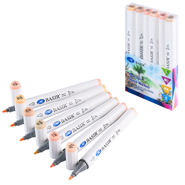 картинка Набор маркеров для скетчинга " Basir "  6цв (телесные цвета ассорти) двухсторонние, 1,0-7,0мм, пулевидный/скошенный, треугольный корпус, в пластиковом боксе