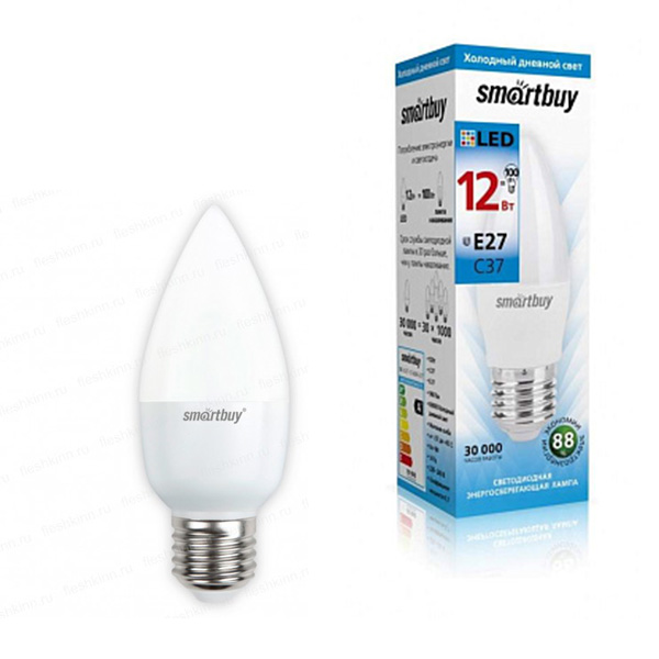 картинка Лампа светодиодная " Smartbay " С37, 12Вт Е27, холодный белый, свеча, картонная упаковка
