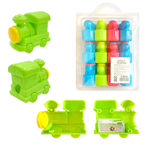 картинка Точилка " KWELT " пластиковая Train 1 отверстие, с контейнером, цвет ассорти, пластиковая упаковка