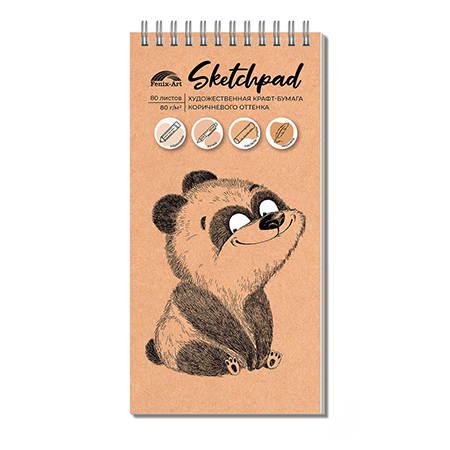 картинка Скетчпад, крафт-бумага 80г/м2, А6, 105*210мм, 80л, спираль сверху, без линовки, обложка - матовый ламинированный картон " Феникс " Мишка