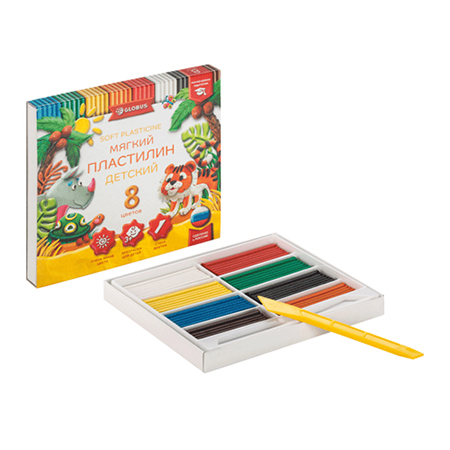 картинка Пластилин " Глобус " Детский классический повышенной мягкости 8цветов 120грамм,картонная упаковка