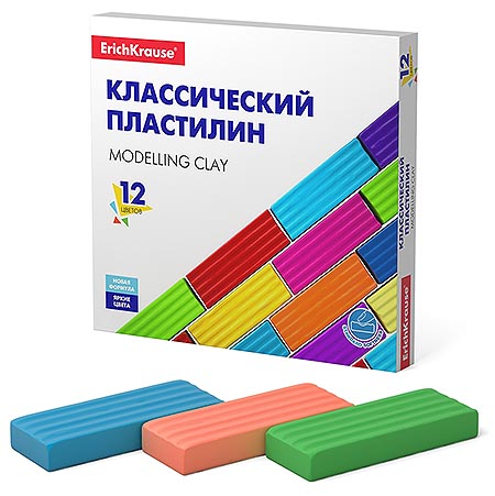 картинка Пластилин " Erich Krause " Basic 12цв, 192г, со стеком, картонная коробка, индивидуальная упаковка бруска «flow-pack»