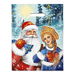 Пакет Новогодний ПЭ " Интерпак " с вырубной ручкой ПВД, 31*40см 60мкм Дед Мороз и Снегурочка