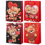 Пакет бумажный " Basir " 18*23*10см Мишки Love, ассорти (без возможности выбора дизайна), деталь на скотче, ламинированный, золотое тиснение