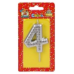 Свеча для торта цифра " Миленд " 4, серебряная, 14*6,5*1см, картонный блистер, европодвес