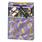 Пакет бумажный " Мир открыток " 13,5*18*6см Разноцветные линии и подарки, ламинированный