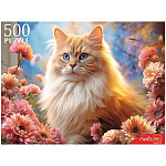 Пазлы " Рыжий кот " 500элементов Кот в хризантемах 48,5*34,5см, картонная упаковка 33,1*23,3*5см