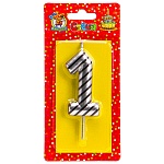 Свеча для торта цифра " Миленд " 1, серебряная в полоску, 14*6,5*1см, картонный блистер, европодвес