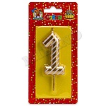 Свеча для торта цифра " Миленд " 1, золотая в полоску, 14*6,5*1см, картонный блистер, европодвес