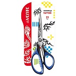 Ножницы " deVente " Tattoo 21см металлические, эргономичные пластиковые ручки с резиновыми вставками, с лепестками, протравленная гравировка на лезвиях, черные с синим, картонная упаковка, европодвес