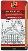 Набор ч/гр карандашей " Koh-i-Noor " Graphic 12шт 5В-5Н шестигранные, деревянные, заточенные, цвет корпуса- желтый, металлический пенал