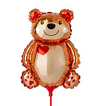 Шар фольгированный фигурный 12"/30см Мишка с сердцем на палочке, крепится с помощью розетки на палочку