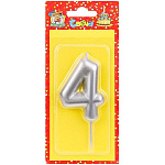 Свеча для торта цифра " Миленд " 4, серебряная, 14*6,5*1см, картонный блистер, европодвес