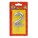 Свеча для торта цифра " Миленд " 2, серебряная, 14*6,5*1см, картонный блистер, европодвес