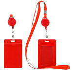 Бейдж " Basir " 105*65мм с рулеткой-ретрактором с вытяжной нитью, кожзам, вертикальный, 2 кармана, красный