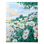 Картина по номерам " Mazari " 40*50см Ромашки, состав набора: холст на подрамнике, акриловые краски, кисти, глянцевый защитный лак, крепеж, графическая схема, термоусадочная пленка