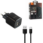 Зарядное устройство сетевое " FaisON " C-18 Tornado черное, 2,4А, 2 USB, пластик, кабель Type-C, 1м