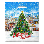 Пакет Новогодний ПЭ " Интерпак " с вырубной ручкой ПВД, 40*47см 45мкм Городская ёлка