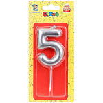 Свеча для торта цифра " Миленд " 5, серебряная, 17,5*7,1*0,9см, картонный блистер, европодвес