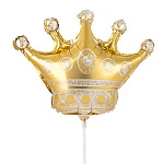 Шар фольгированный фигурный 15"/38см Корона золотая на палочке, крепится с помощью розетки на палочку