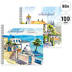 Скетчпад, белая бумага 100г/м2, 195*195мм, 80л, спираль, 7БЦ, без линовки, обложка - матовый ламинированный картон, перевертыш, " Феникс " Южный город