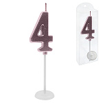 Свеча для торта цифра " KWELT " 4, светло-розовая, 2,5*4*0,5см, на палочке с подставкой, пластиковая упаковка 9,5*3*1см, европодвес