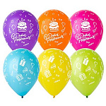 Шар латексный шелкография 12"/30см С Днем рождения! Торт Шары, ассорти из 6 цветов, 2 дизайна