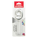 Свеча для торта цифра " KWELT " 9, серебряная, 3*5*0,5см, на палочке, картонный блистер 5,7*16,5*1см, европодвес