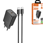 Зарядное устройство сетевое " Hoco " N60 Gentle, чёрный, 3,0, 20Вт, PD, Type-C, пластик, кабель Type-C, 1м