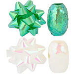 Набор для упаковки подарков: бант звезда 7см 2шт + лента 10м 2шт, Дуо перламутровый/зеленый, пластиковая упаковка, европодвес