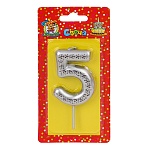 Свеча для торта цифра " Миленд " 5, серебряная, 14*6,5*1см, картонный блистер, европодвес