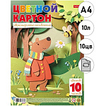 Картон цветной А4 мелованный, двухсторонний, 10л 10цв " Hatber " Мишка-романтик, пакет, европодвес