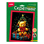 Гравюра-скретчинг " Lori " 18*24см Новогодняя. Мишка с подарками, основа с контуром рисунка, штихель, инструкция