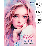 Скетчбук, белая бумага 100 г/м2, А5, 40л, без линовки, склейка, обложка - мелованный картон, глянцевая ламинация, жесткая подложка, " Hatber " Нежность