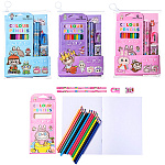 Набор канцелярский детский " Mazari " Лабубу, 6 предметов: карандаши цветные 12цв, карандаш ч/гр - 2шт, точилка, ластик, блокнот 14*20см, 12листов, ассорти (без возможности выбора цвета), пластиковая сумка с Zip-молнией