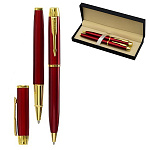 Набор ручек шариковых " Basir " с поворотным механизмом, ручка с колпачком, красный корпус с элементами золота, синяя, комплект - 2шт, подарочная упаковка