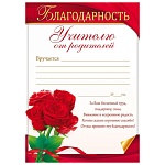 Благодарность учителю от родителей А4 409 " Открытая планета " мелованный картон 190г/м2, без отделки, текст