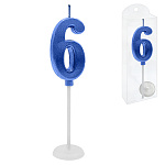 Свеча для торта цифра " KWELT " 6, синяя, 2*4*0,5см, на палочке с подставкой, пластиковая упаковка 9,5*3*1см, европодвес